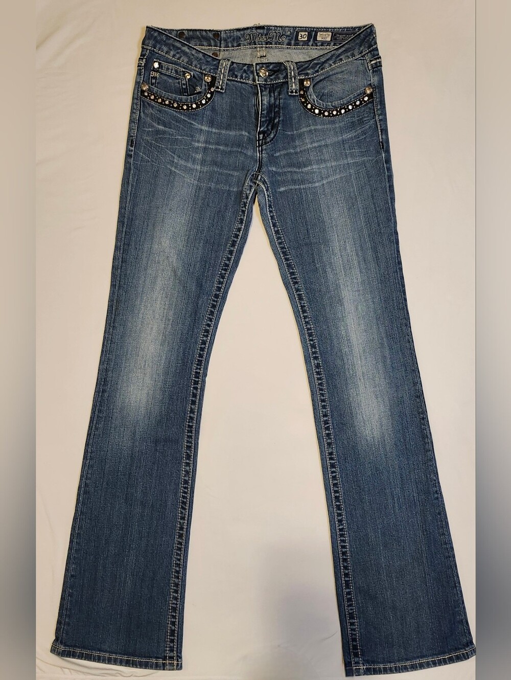Miss Me Women's Bootcut Denim Jeans With Rhinestone Embellished Pockets 30x34